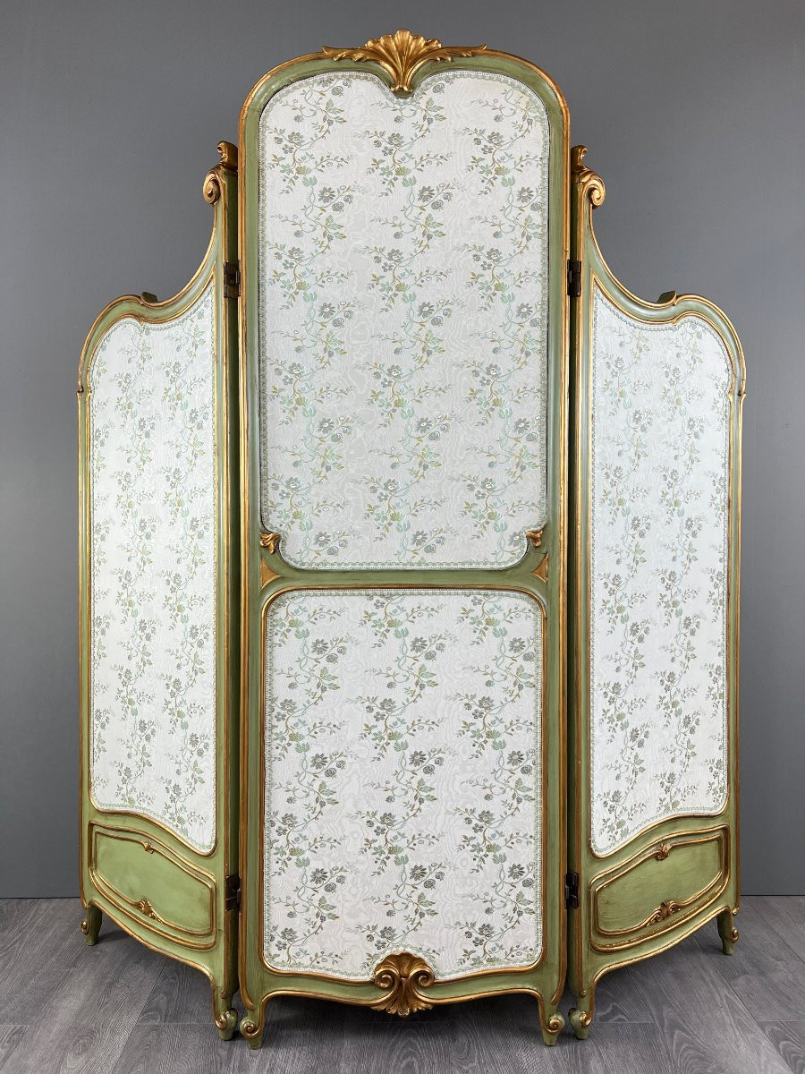 Louis XV Style Screen, Almond Green Patina, France, 19th Century-photo-2