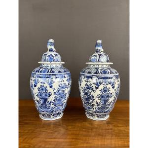 Pair Of Covered Vases In Delft Earthenware 19th Century 