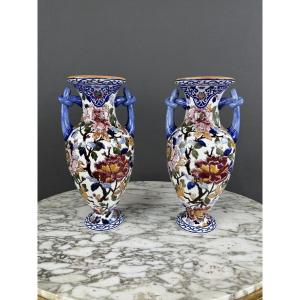Pair Of Gien Vases Peonies Decor 