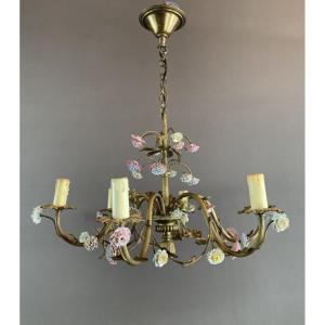 Floral Chandelier In Porcelain And Brass 20th Century 