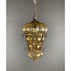 19th Century Metal And Murano Glass Lantern Pendant