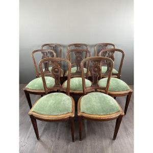 8 Vintage Wooden Chairs With Green Velvet Seats 20th Century 