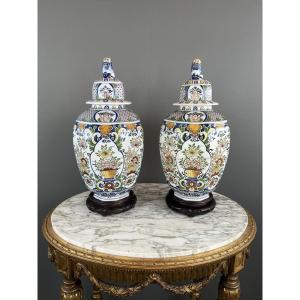 Pair Of Hand-painted Rouen Earthenware Vases With Lids 20th Century