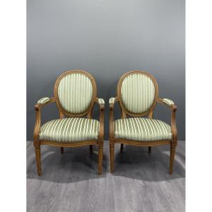 Pair Of Louis XVI Style Armchairs With Green Striped Fabric 20th Century