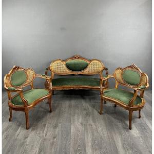 Louis XV Living Room Set In Carved Wood And Cane 20th Century 