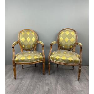 Pair Of Louis XVI Armchairs In Carved Wood, Late 19th Century