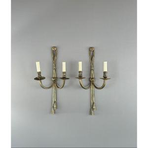 Pair Of Louis XVI Style Gilt Bronze Wall Sconces, 20th Century 