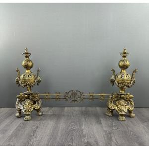 Pair Of Antique Gilt Bronze Andirons, Late 19th Century 