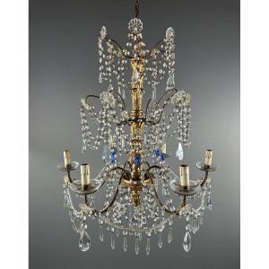 Lustre Italien En Cristal Et Bois Doré, Début XXe Siècle