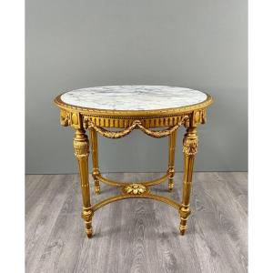 Louis XVI Gueridon Table In Gilded Wood And White Marble, 19th Century