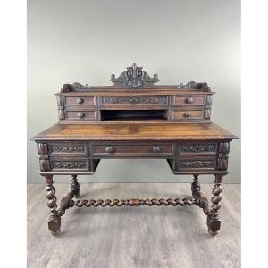 Carved Oak Desk, Renaissance Style, 19th Century