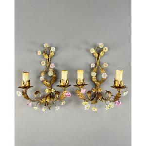 Pair Of Maison Baguès Wall Lights With Porcelain Flowers, Early 20th Century