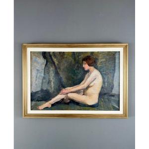 Oil Painting On Canvas Seated Nude, French School, Early 20th Century