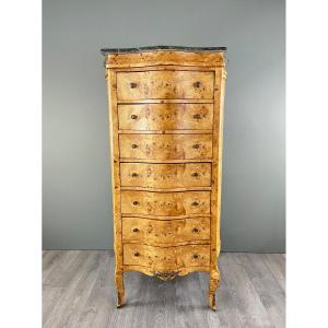  Louis XV Chest Of Drawers In Burl Thuya And Marble, 19th Century