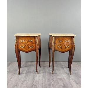 Pair Of Louis XV Style Bedside Tables In Marquetry And Marble – 19th Century