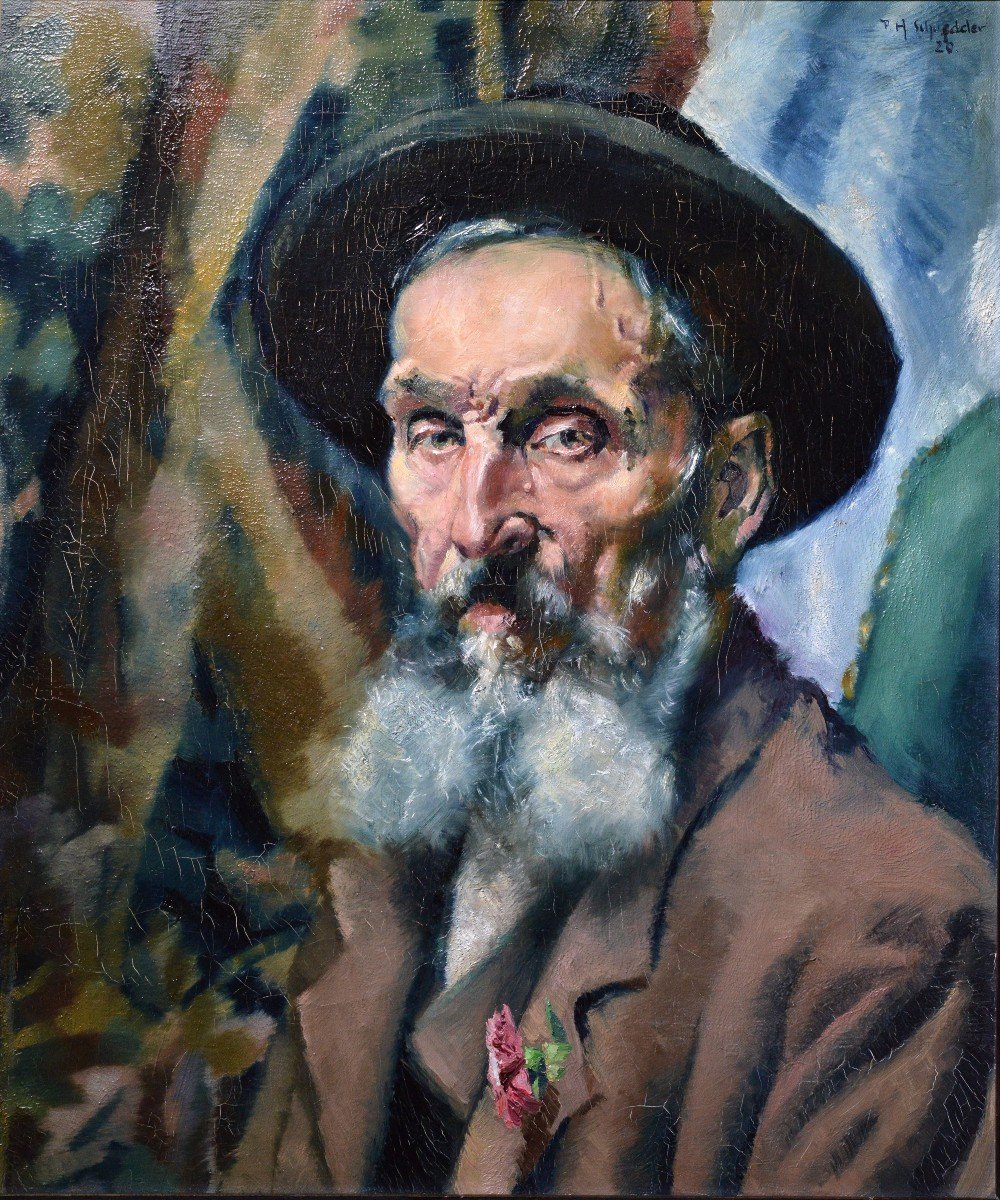 Portrait moderniste Regard perçant d'un juif âgé Maître allemand 1920 Peinture à l'huile-photo-2