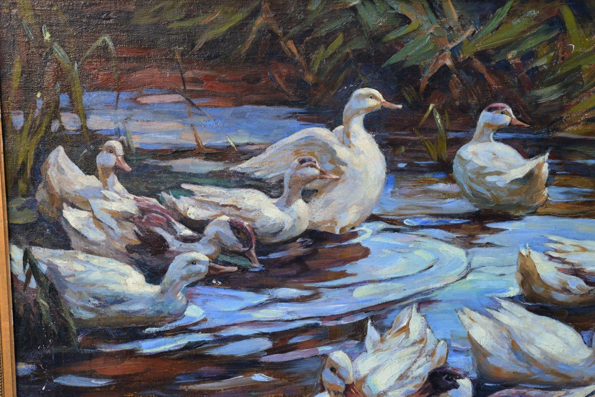 German Modernist Masterwork Ducks In Pond Oil Painting By Alexander Koester-photo-4