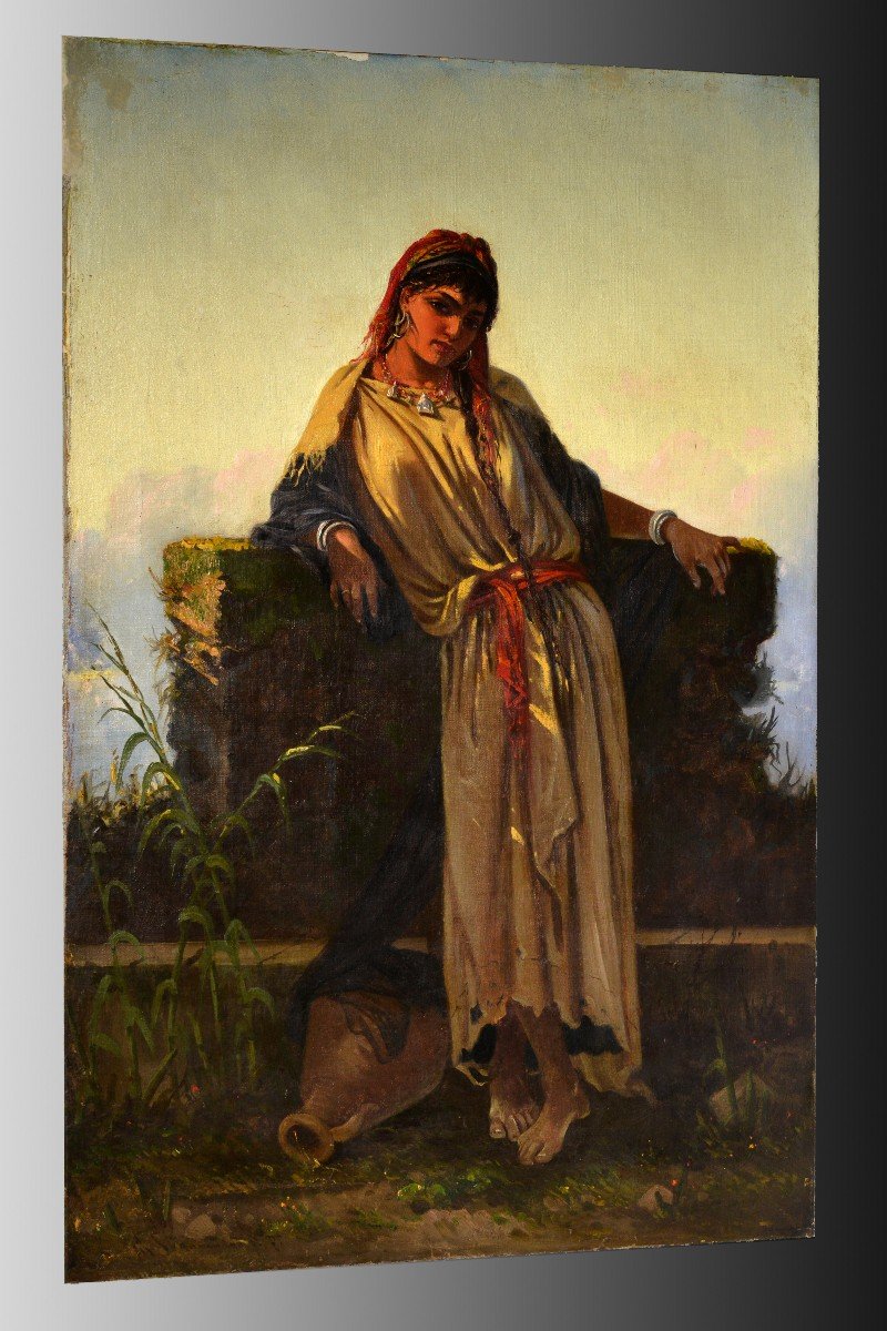 Italian Genre Portrait Middle Eastern Beauty At A Well 19th Century Oil Painting-photo-2