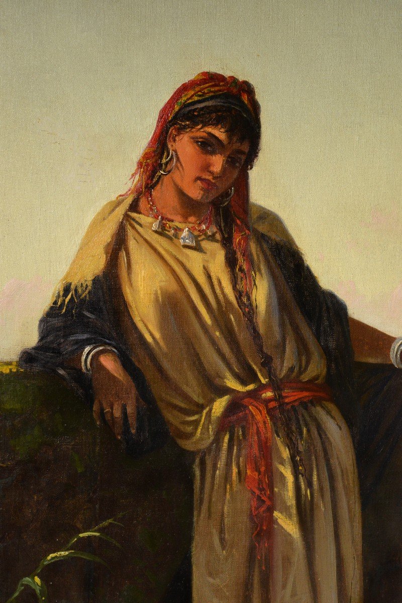 Italian Genre Portrait Middle Eastern Beauty At A Well 19th Century Oil Painting-photo-3
