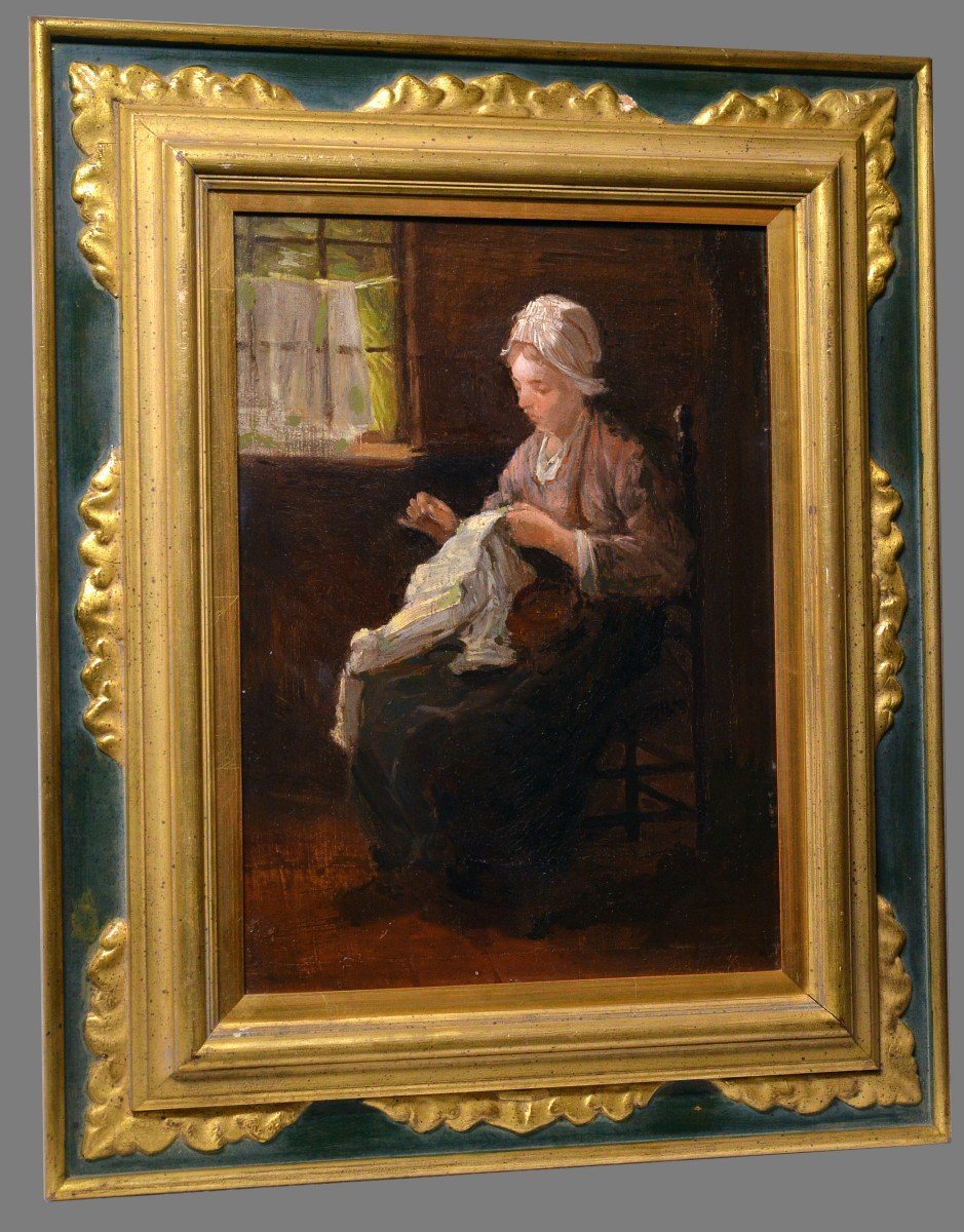 Scène d'Intérieur Hollandais Paysanne Cousant 19e Siècle Peinture à l'Huile De J. Israëls-photo-2