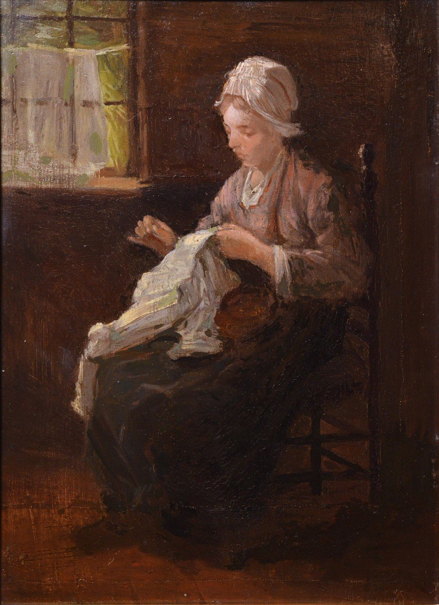 Scène d'Intérieur Hollandais Paysanne Cousant 19e Siècle Peinture à l'Huile De J. Israëls-photo-3