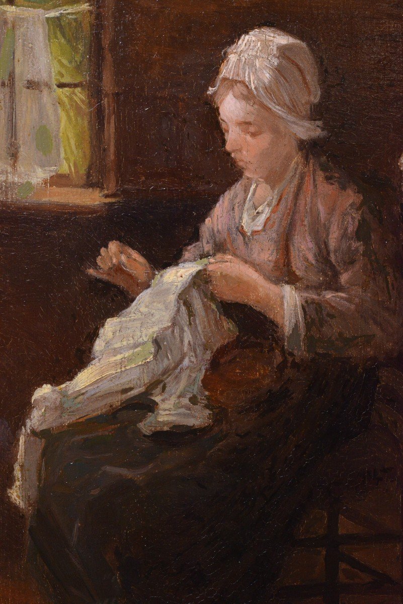 Scène d'Intérieur Hollandais Paysanne Cousant 19e Siècle Peinture à l'Huile De J. Israëls-photo-4