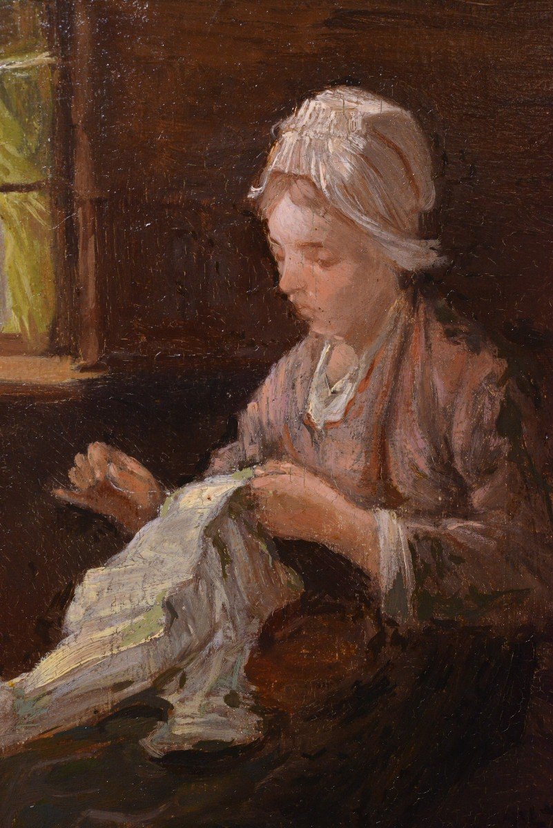 Dutch Interior Scene Peasant Girl Sewing 19th Century Oil Painting By J. Israëls-photo-1