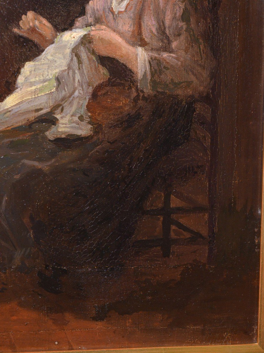 Scène d'Intérieur Hollandais Paysanne Cousant 19e Siècle Peinture à l'Huile De J. Israëls-photo-2