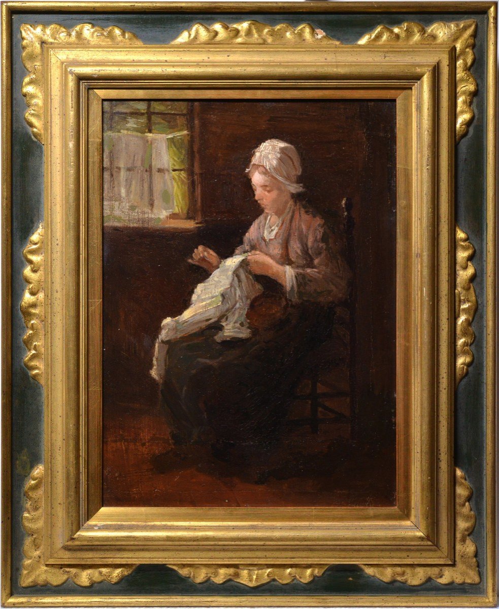 Scène d'Intérieur Hollandais Paysanne Cousant 19e Siècle Peinture à l'Huile De J. Israëls