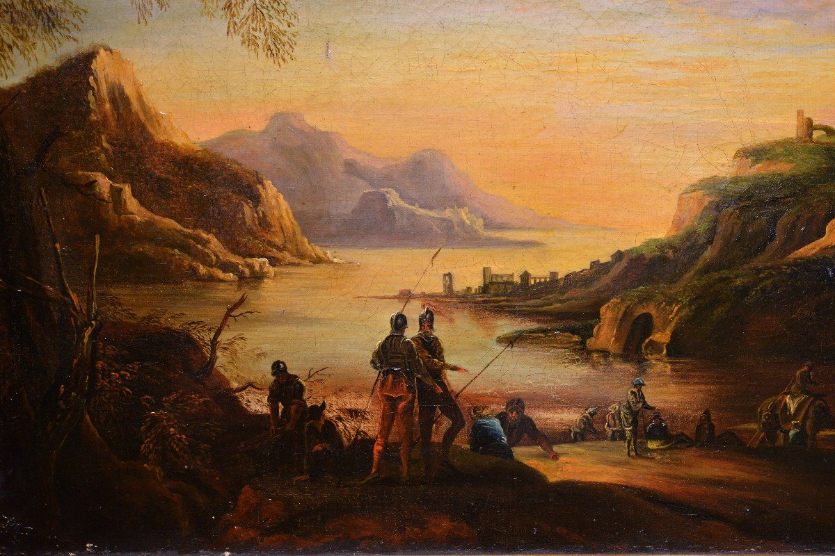 Capriccio Panoramic Landscape Sea Bay At Sunset 18th Century Large Oil Painting-photo-2