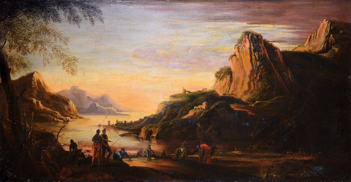 Capriccio Panoramic Landscape Sea Bay At Sunset 18th Century Large Oil Painting