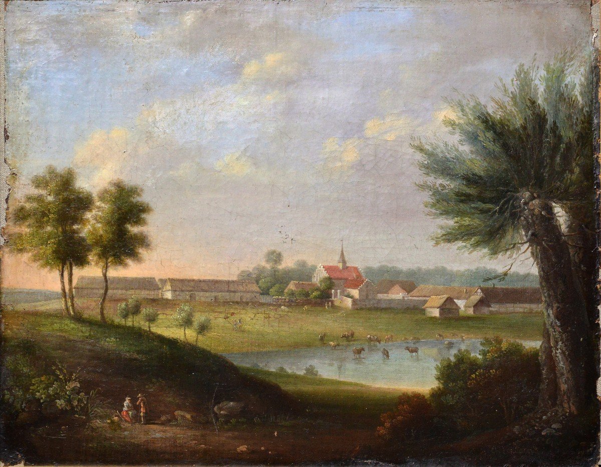 German Baroque Landscape Settlement Near Lake 18th Century Oil Painting Signed-photo-2