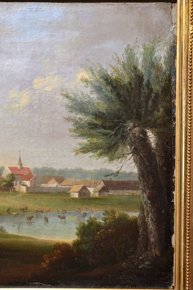 German Baroque Landscape Settlement Near Lake 18th Century Oil Painting Signed-photo-2