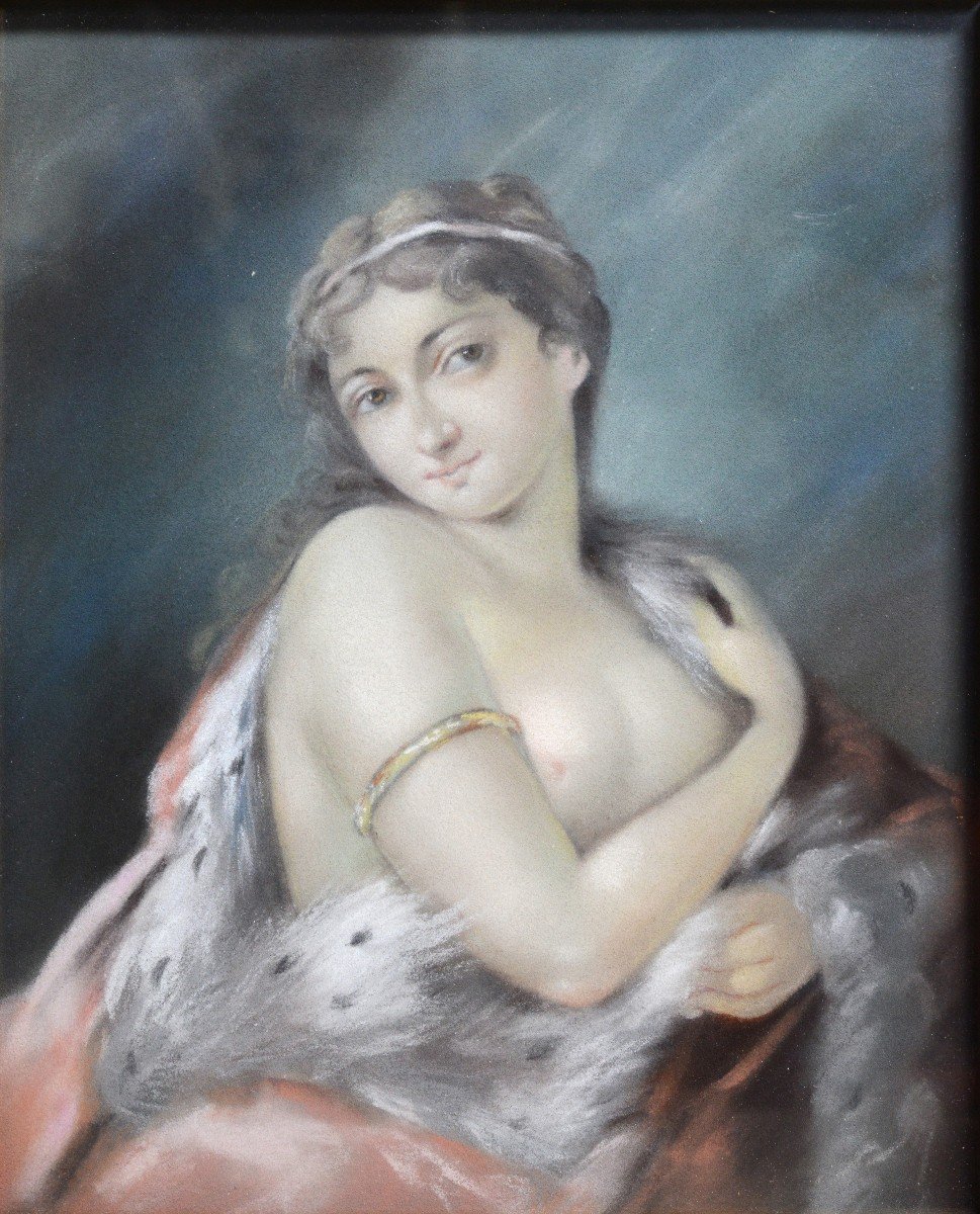 Rococo Portrait Nude Lady In Royal Mantle Early 20th Century Pastel Drawing-photo-2
