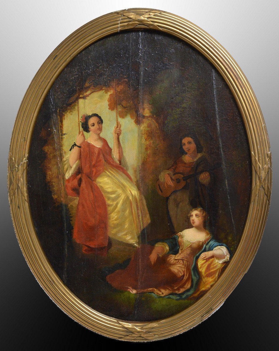 Français Scène De Genre Dames Loisir XIXe Siècle Ovale Encadré Peinture De Joinville