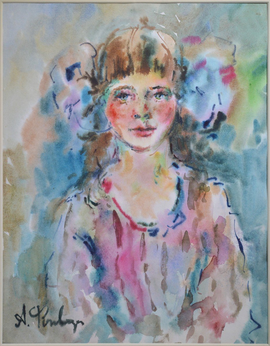 « Portrait Russe Flushed Girl W Big Bows 20e Siècle Aquarelle » Par Fonvizin-photo-2