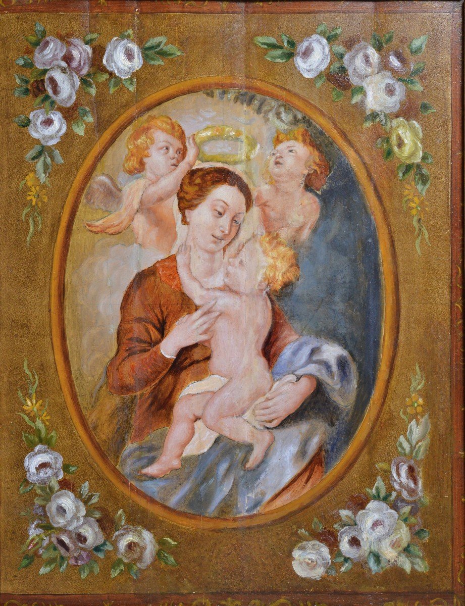 Dutch Baroque Madonna W Child And Flowers Old Master Oil Painting -photo-2