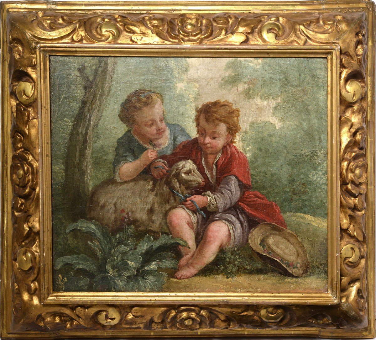Enfants W Scène d'Agneau 18e Siècle Peinture à l'Huile Par Le Maître Rococo Français