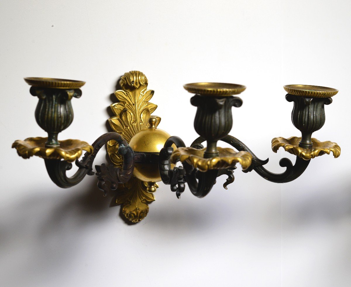 Pair Antique Neoclassical Gilt Bronze W Patina Sconces 3 Light Wall Candelabra-photo-2