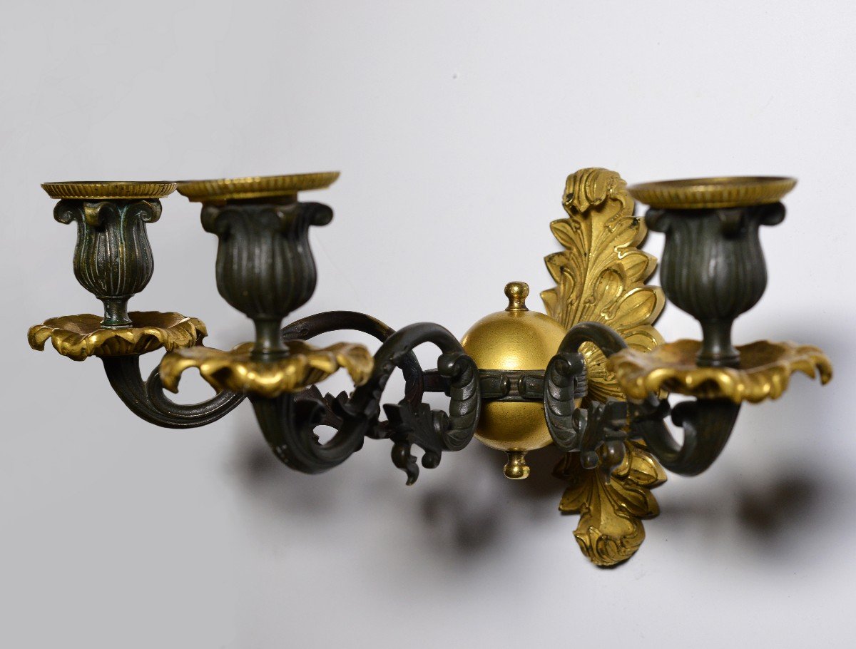 Pair Antique Neoclassical Gilt Bronze W Patina Sconces 3 Light Wall Candelabra-photo-3