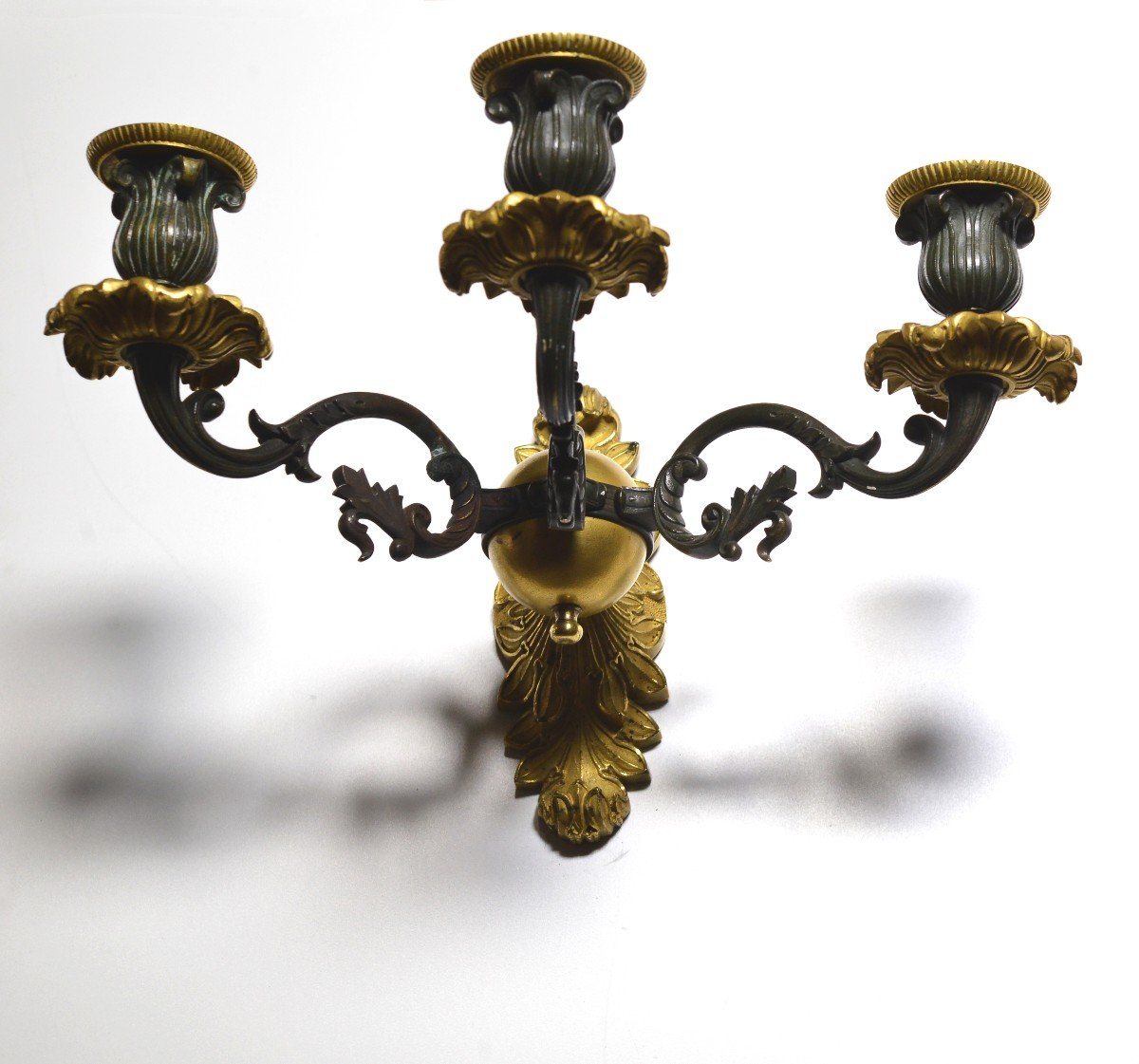 Pair Antique Neoclassical Gilt Bronze W Patina Sconces 3 Light Wall Candelabra-photo-4