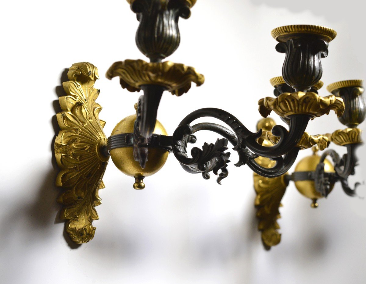 Pair Antique Neoclassical Gilt Bronze W Patina Sconces 3 Light Wall Candelabra-photo-1