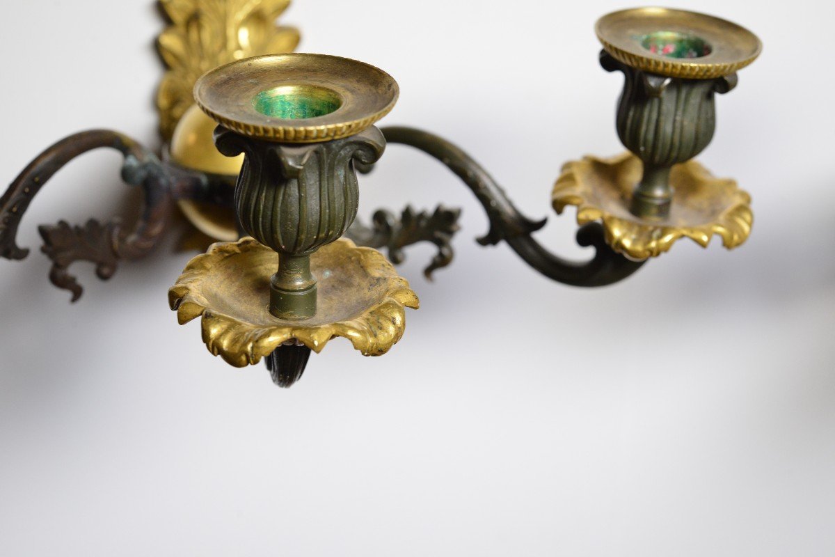 Pair Antique Neoclassical Gilt Bronze W Patina Sconces 3 Light Wall Candelabra-photo-3