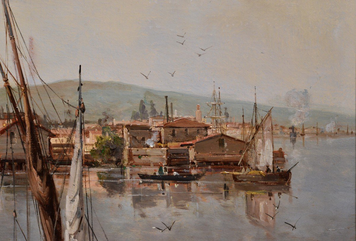 Vue Côtière Dans Le Port De Toulon Peinture à l'Huile Russe Du XIXe Siècle Par A. Beggrov-photo-2