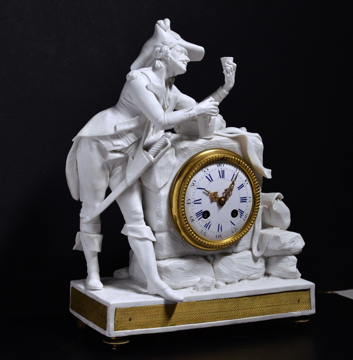 Figural Bisque Porcelain W Gilt Bronze Clock Napoleonic Officer 19th Century-photo-3