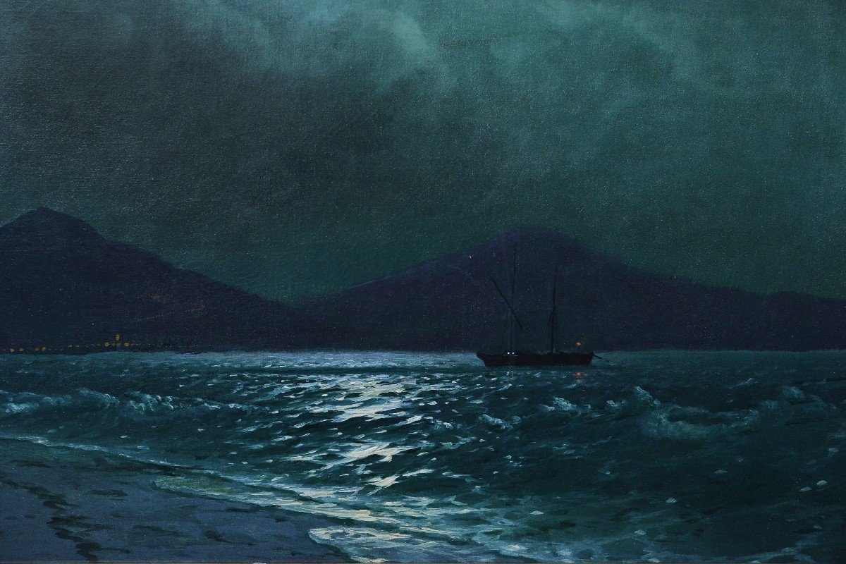 Seascape Moonlit View Of Crimean Bay 19th Century Russian Master Oil Painting-photo-1
