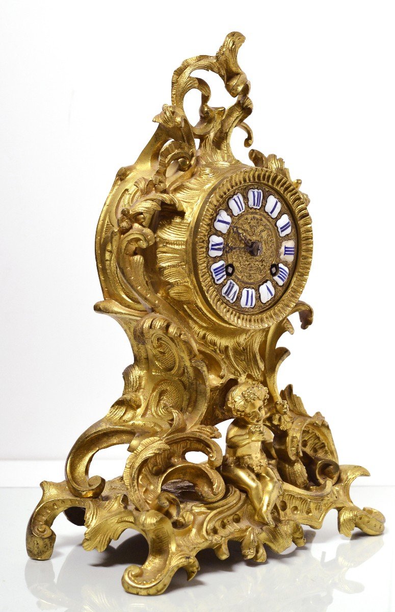 Honoré Pons French Rococo Gilt Bronze Clock 19th Century Figural Putto-photo-2