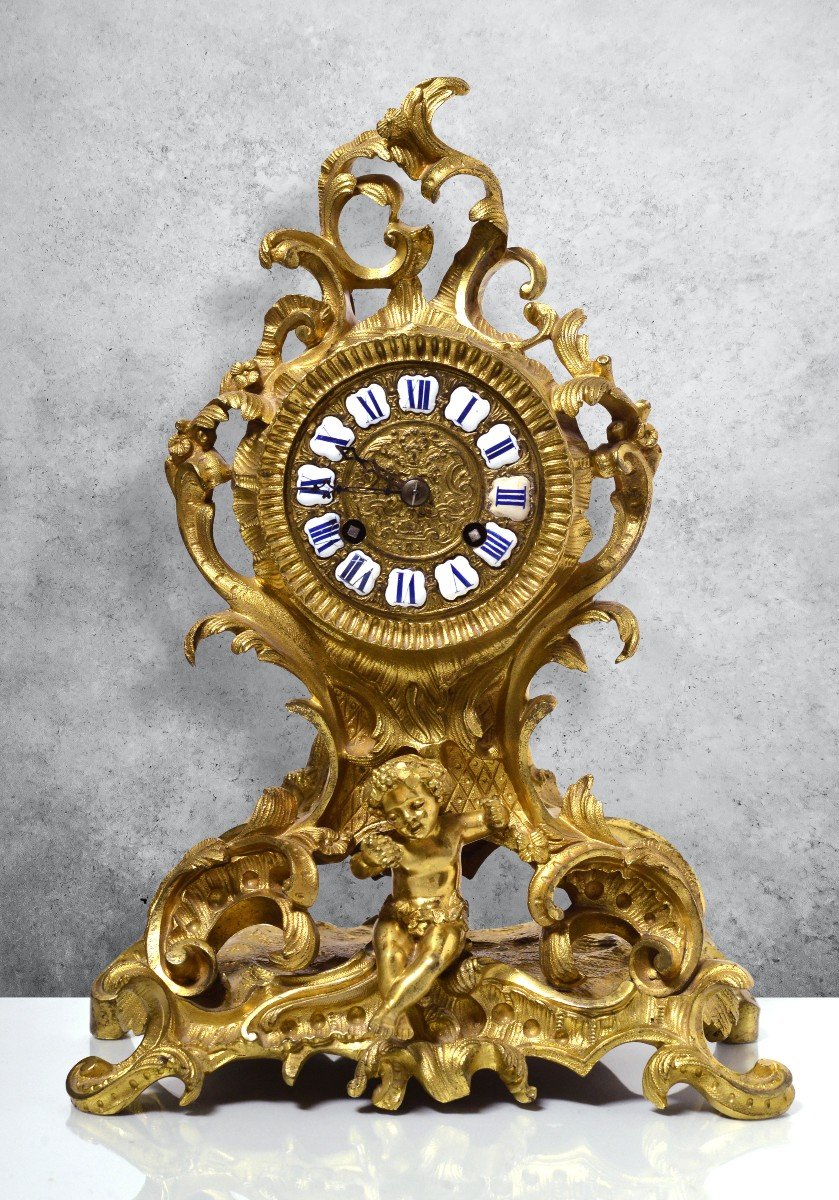 Honoré Pons French Rococo Gilt Bronze Clock 19th Century Figural Putto