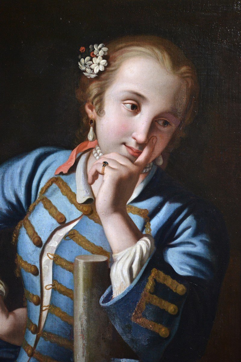 Portrait De Jeune Fille Alanguie En Camisole Bleu Maître Rococo Italien XVIIIe Siècle-photo-3