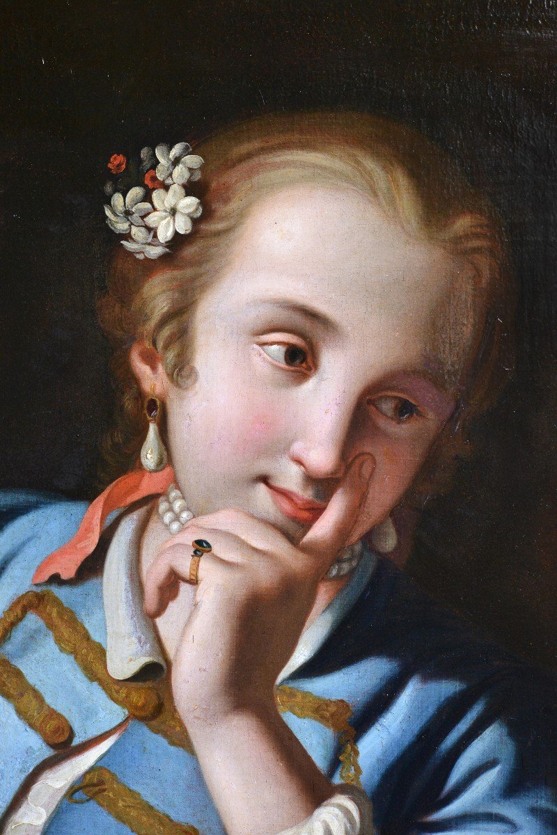 Portrait De Jeune Fille Alanguie En Camisole Bleu Maître Rococo Italien XVIIIe Siècle-photo-1